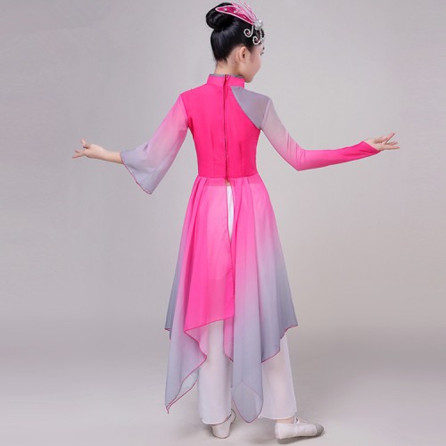 Girls kids children chinese folk dance costumes pink umbrella fan dress hanfu ancient classical fairy drama cosplay dresses